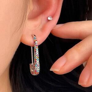 Silver Multicolor Rhinestone Safety-pin Earring, Minimalist, Punk